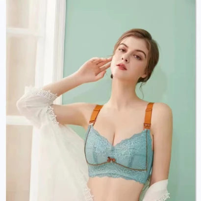 Women Full Coverage Wire Free Flower Lace Bra(ocean green)