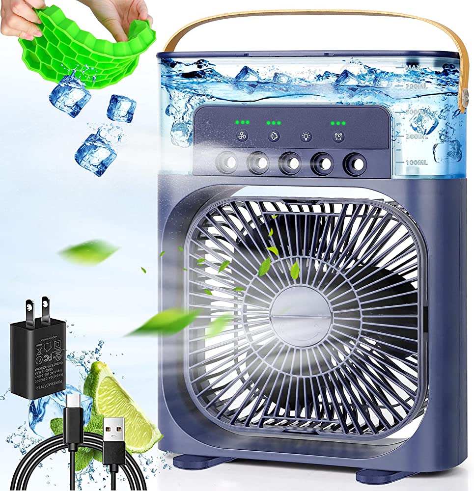 Portable Air Conditioner Fan, 500 ml Water Tank Cooler, 7 Colors LED Light, 3 Timer, 3 Speeds,