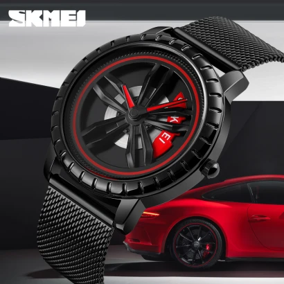 SKMEI Mens Watches Top Brand Luxury Car Wheel Rotating Dial Creative Watches Waterproof Quartz Man Wrist Watch Relogio Masculino