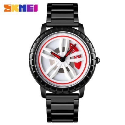 SKMEI Mens Watches Top Brand Luxury Car Wheel Rotating Dial Creative Watches Waterproof Quartz Man Wrist Watch Relogio Masculino(White Dial)