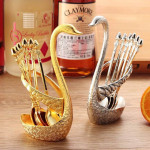 Spoon Set With Swan Stand - Golden and silver